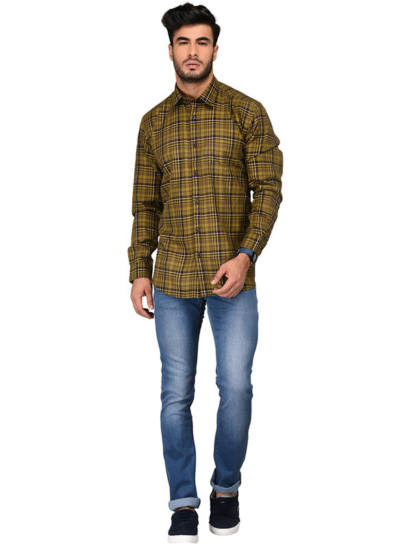 Olive Green & Brown Checked Slim Fit Casual Shirt | JB Sport