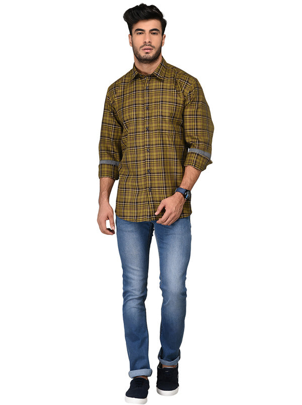 Olive Green & Brown Checked Slim Fit Casual Shirt | JB Sport