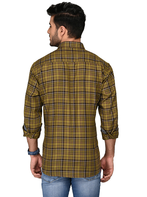 Olive Green & Brown Checked Slim Fit Casual Shirt | JB Sport