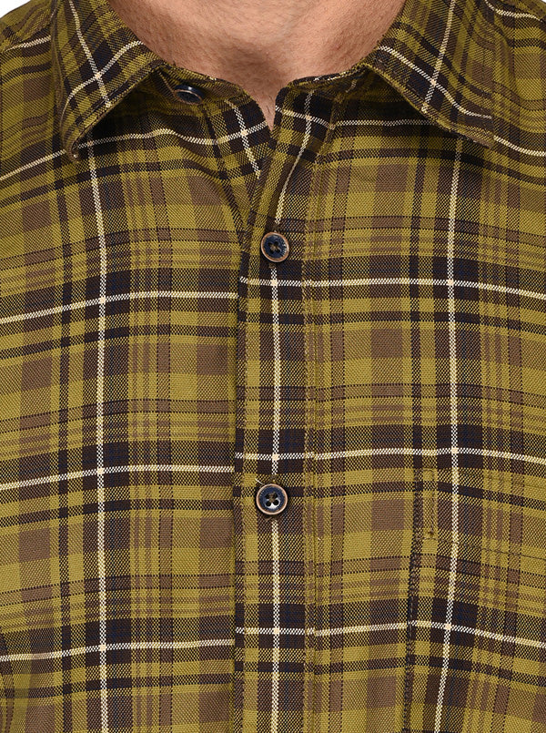 Olive Green & Brown Checked Slim Fit Casual Shirt | JB Sport