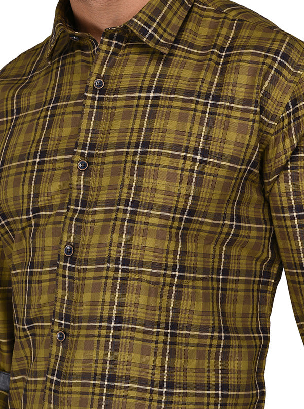 Olive Green & Brown Checked Slim Fit Casual Shirt | JB Sport