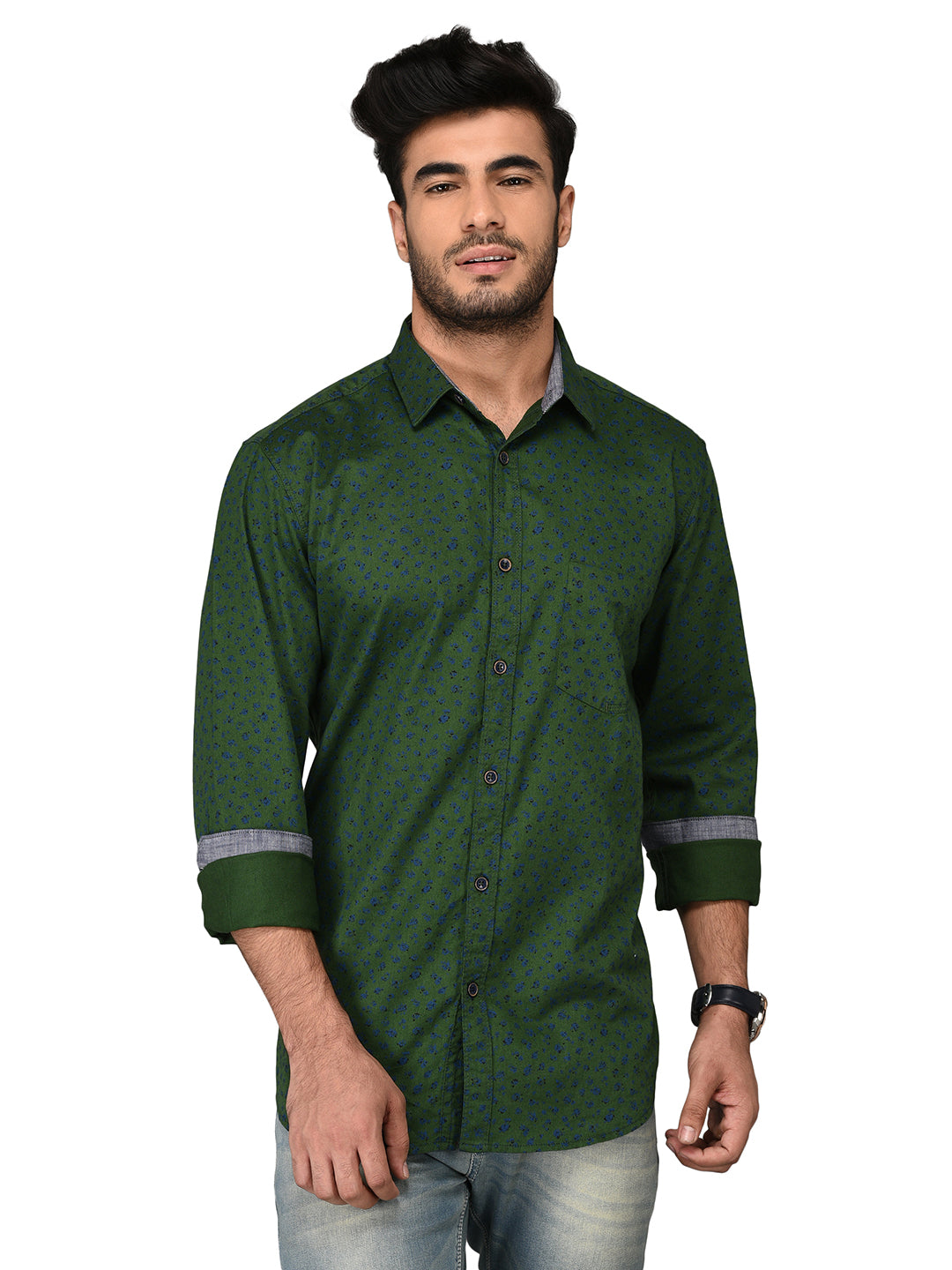 JB Sport Green Printed Slim Fit Casual Shirt