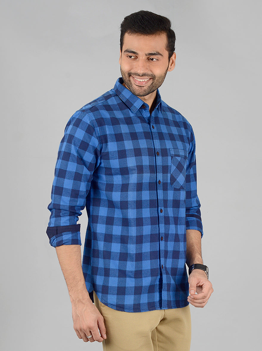 Light Blue & Dark Blue Checked Slim Fit Casual Shirt | Greenfibre