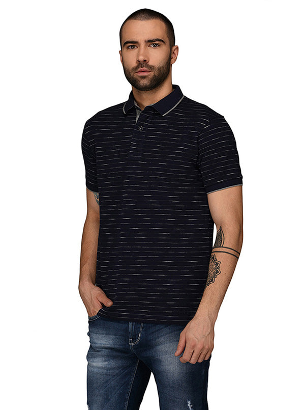 Navy Blue & Grey Striped Slim Fit Polo T-Shirt | JB Sport