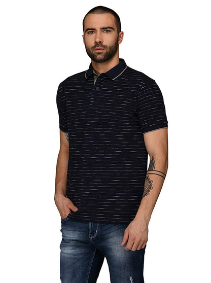 Navy Blue & Grey Striped Slim Fit Polo T-Shirt | JB Sport