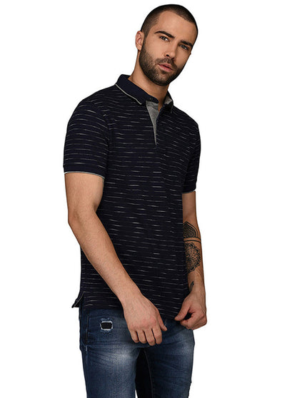 Navy Blue & Grey Striped Slim Fit Polo T-Shirt | JB Sport