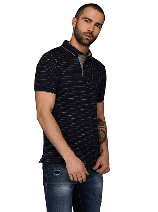 Navy Blue & Grey Striped Slim Fit Polo T-Shirt | JB Sport