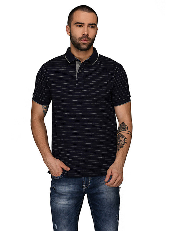 Navy Blue & Grey Striped Slim Fit Polo T-Shirt | JB Sport