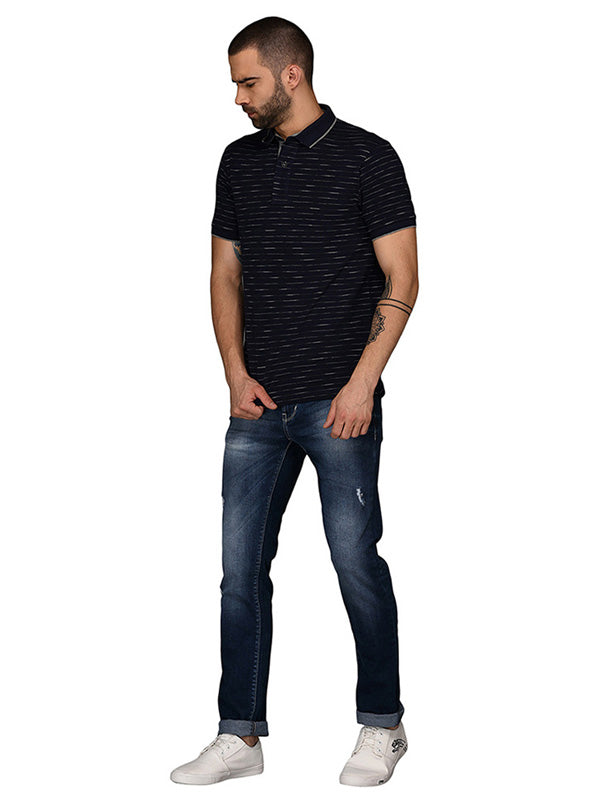 Navy Blue & Grey Striped Slim Fit Polo T-Shirt | JB Sport