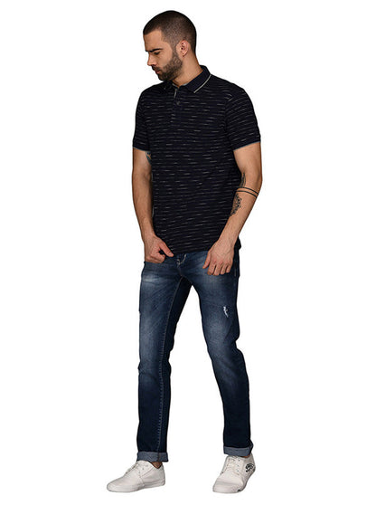 Navy Blue & Grey Striped Slim Fit Polo T-Shirt | JB Sport