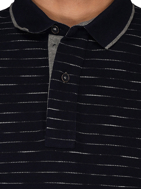 Navy Blue & Grey Striped Slim Fit Polo T-Shirt | JB Sport