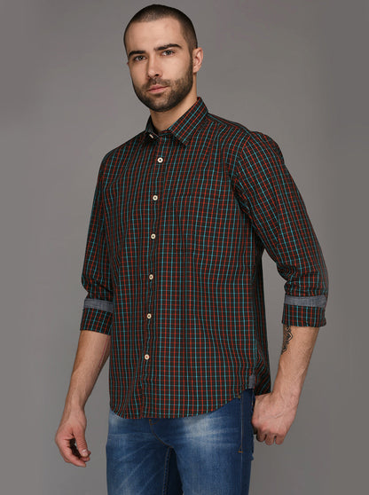 Greenfibre Coffee Brown Checked Regular Fit Casual Shirt