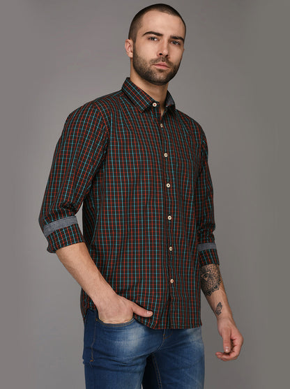 Greenfibre Coffee Brown Checked Regular Fit Casual Shirt