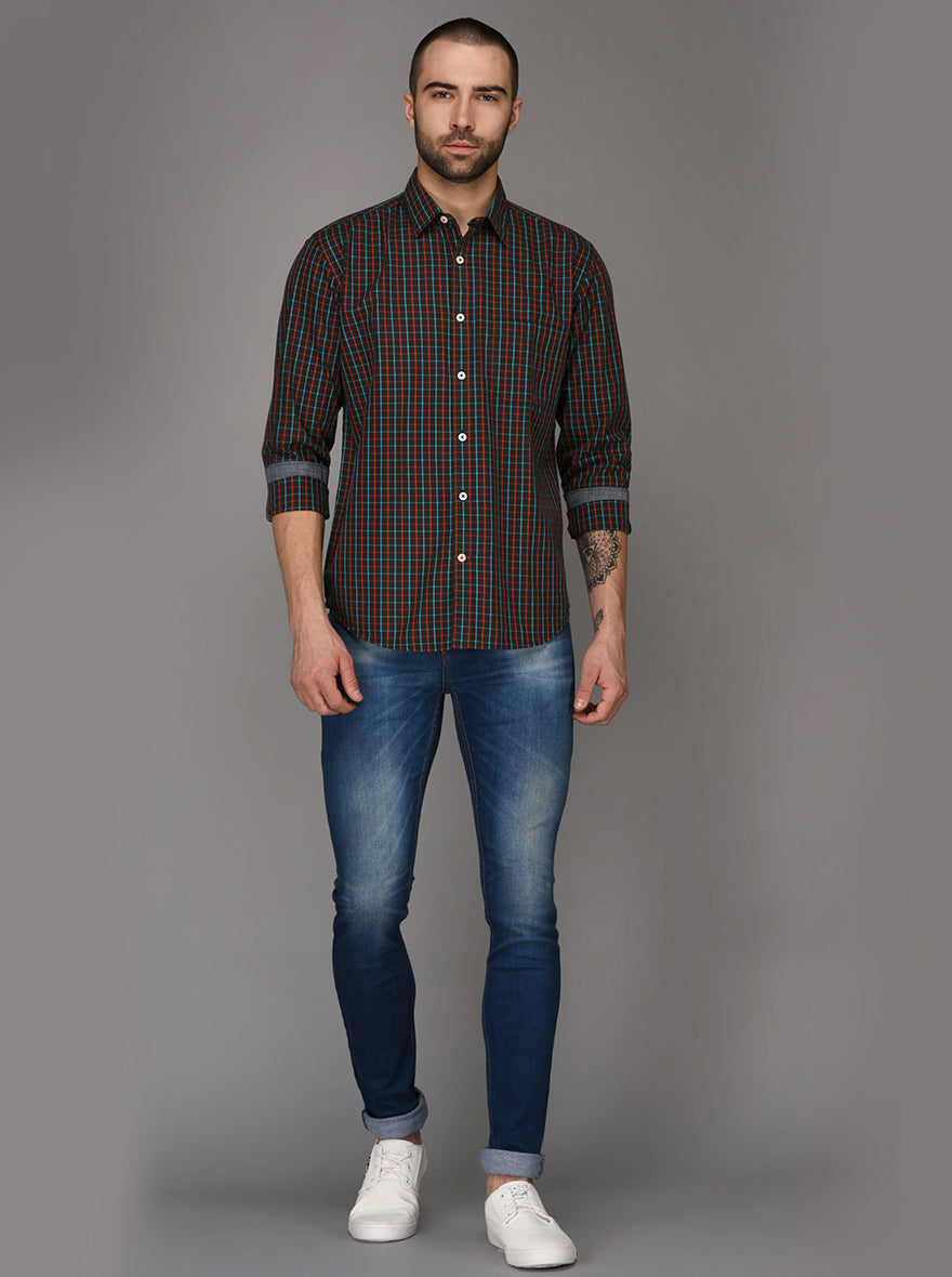 Greenfibre Coffee Brown Checked Regular Fit Casual Shirt