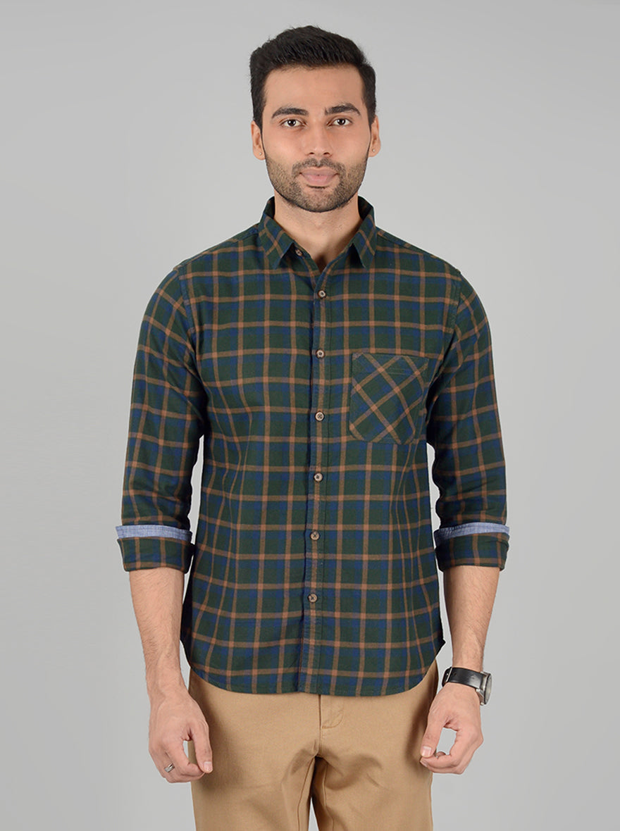 Bottle Green Checked Slim Fit Casual Shirt | Greenfibre