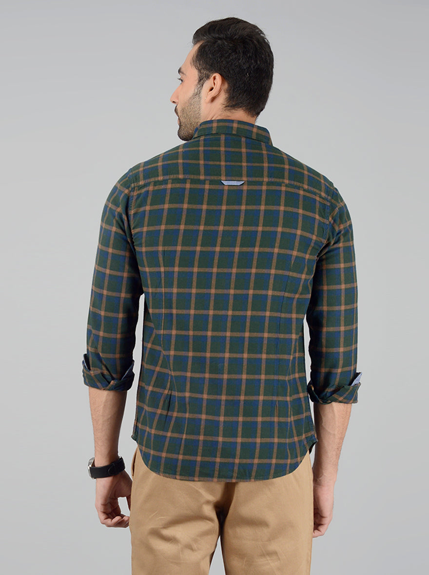 Bottle Green Checked Slim Fit Casual Shirt | Greenfibre