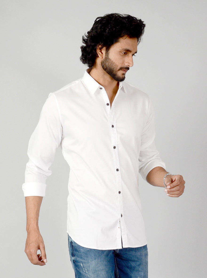 White Solid Slim Fit Casual Shirt | JB Sport