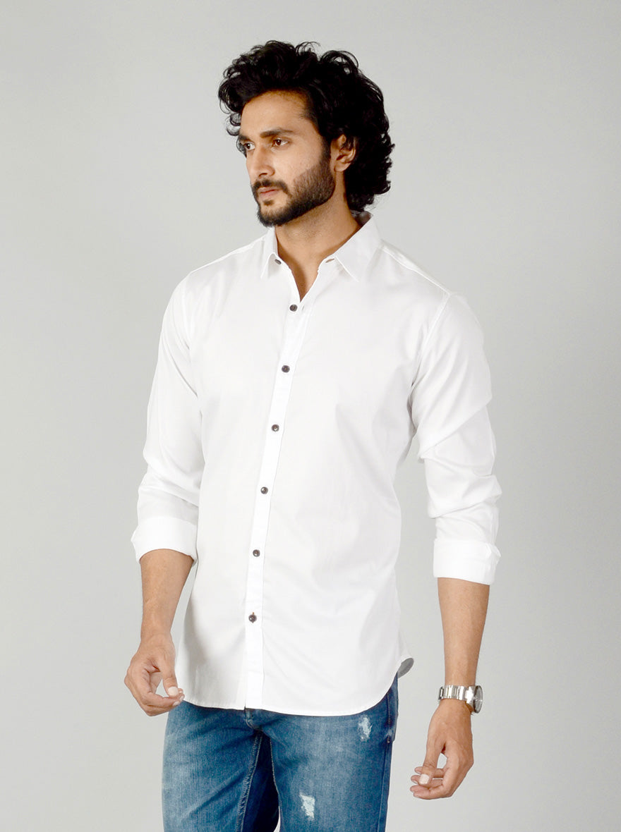 White Solid Slim Fit Casual Shirt | JB Sport