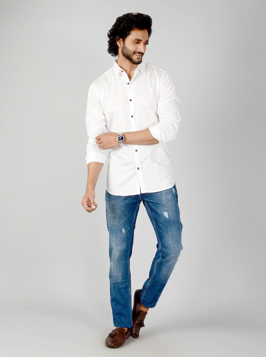 White Solid Slim Fit Casual Shirt | JB Sport