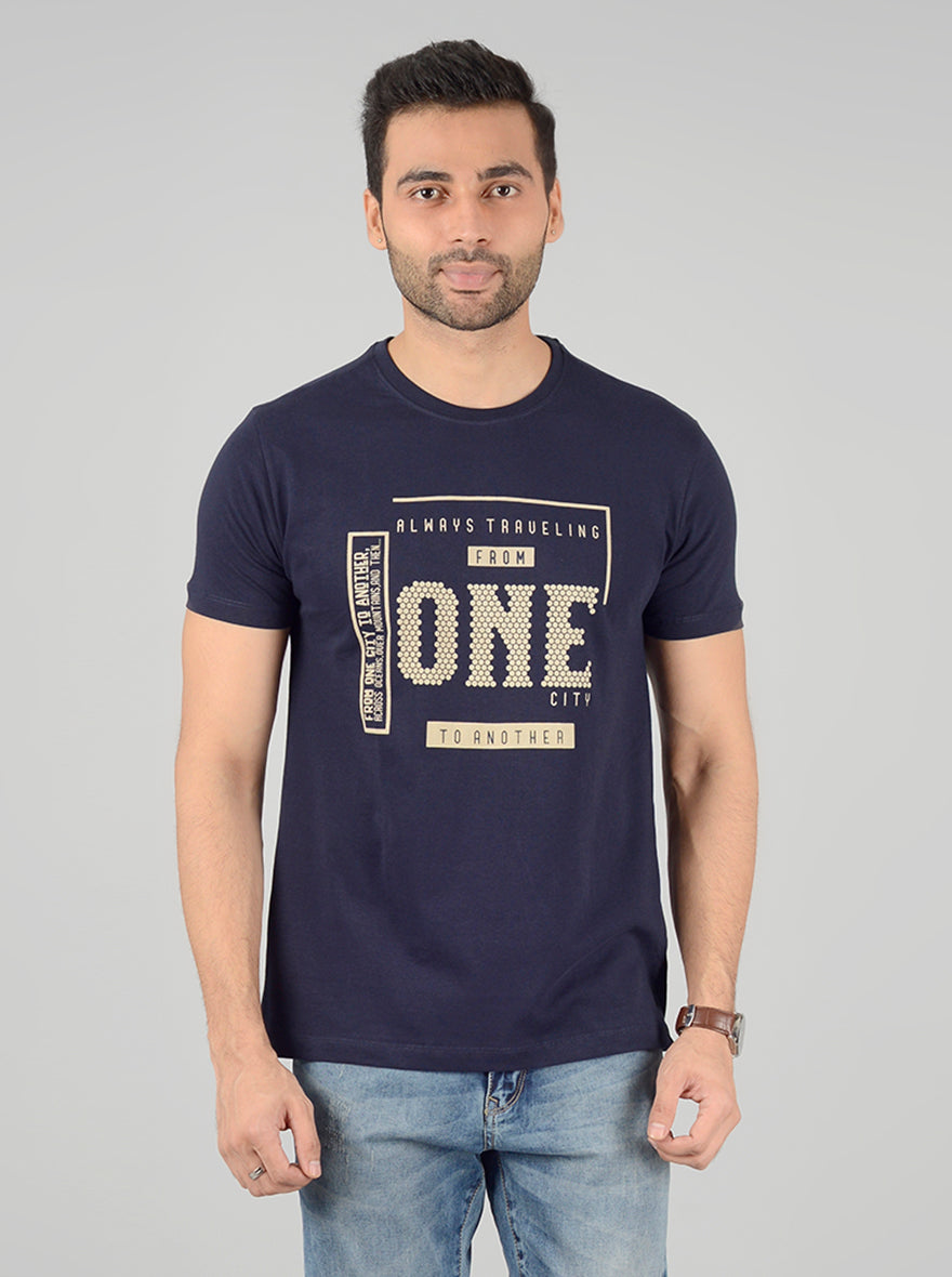Navy Blue Printed Slim Fit T-Shirt | Greenfibre