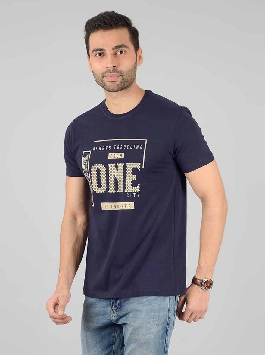 Navy Blue Printed Slim Fit T-Shirt | Greenfibre