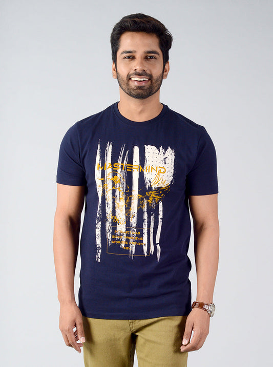 Navy Blue Printed Slim Fit T-shirt | Greenfibre