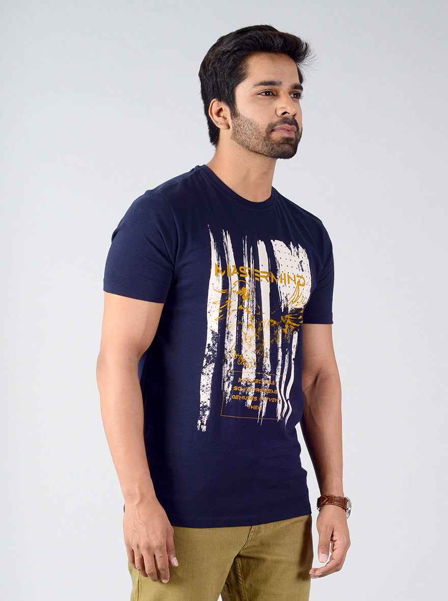 Navy Blue Printed Slim Fit T-shirt | Greenfibre