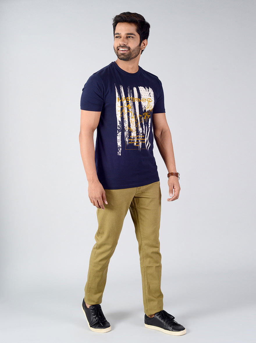 Navy Blue Printed Slim Fit T-shirt | Greenfibre