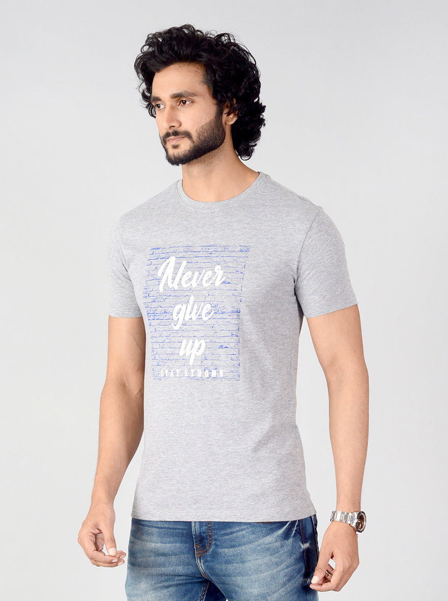 Light Grey Printed Slim Fit T-shirt | Greenfibre