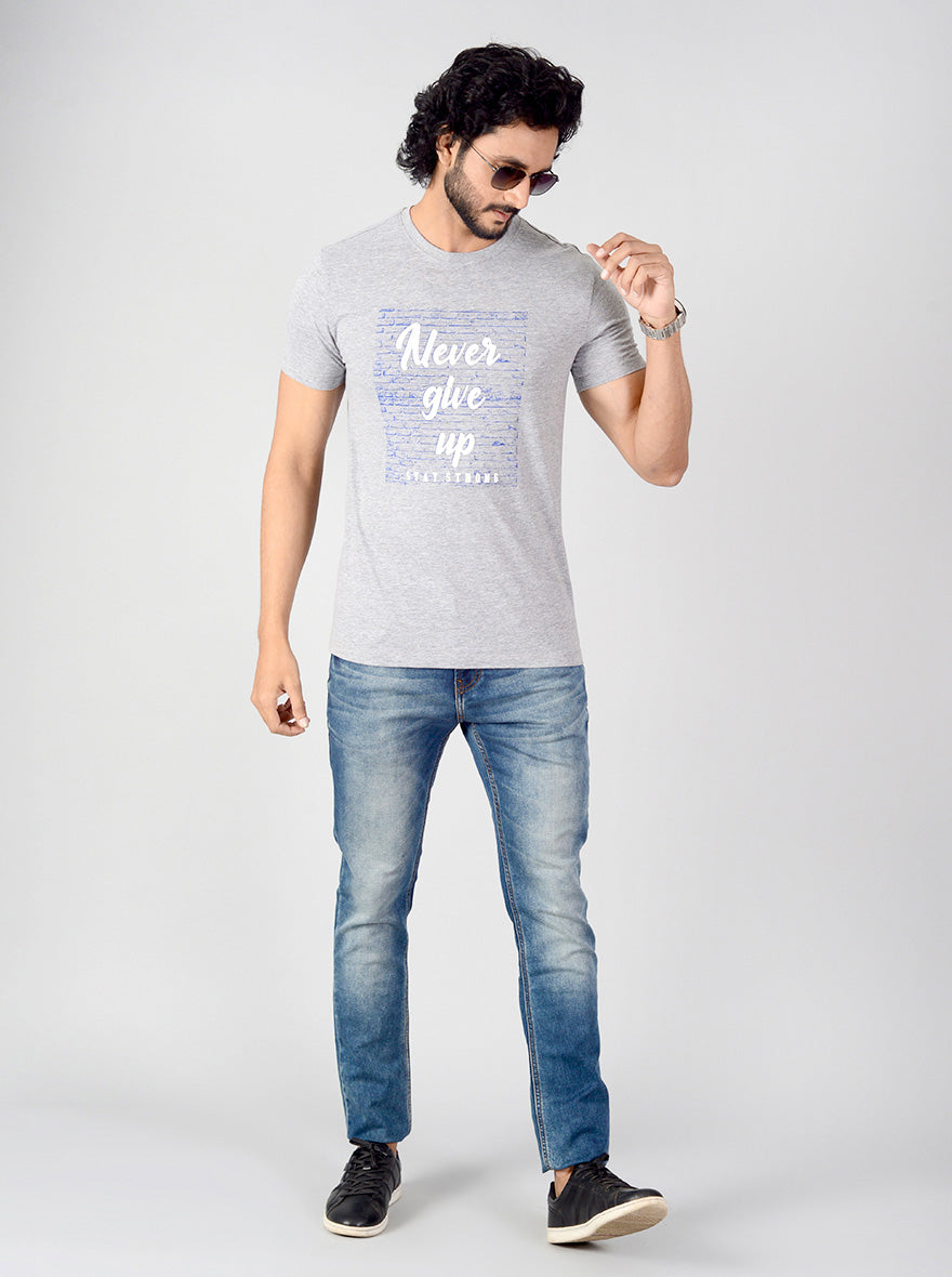 Light Grey Printed Slim Fit T-shirt | Greenfibre