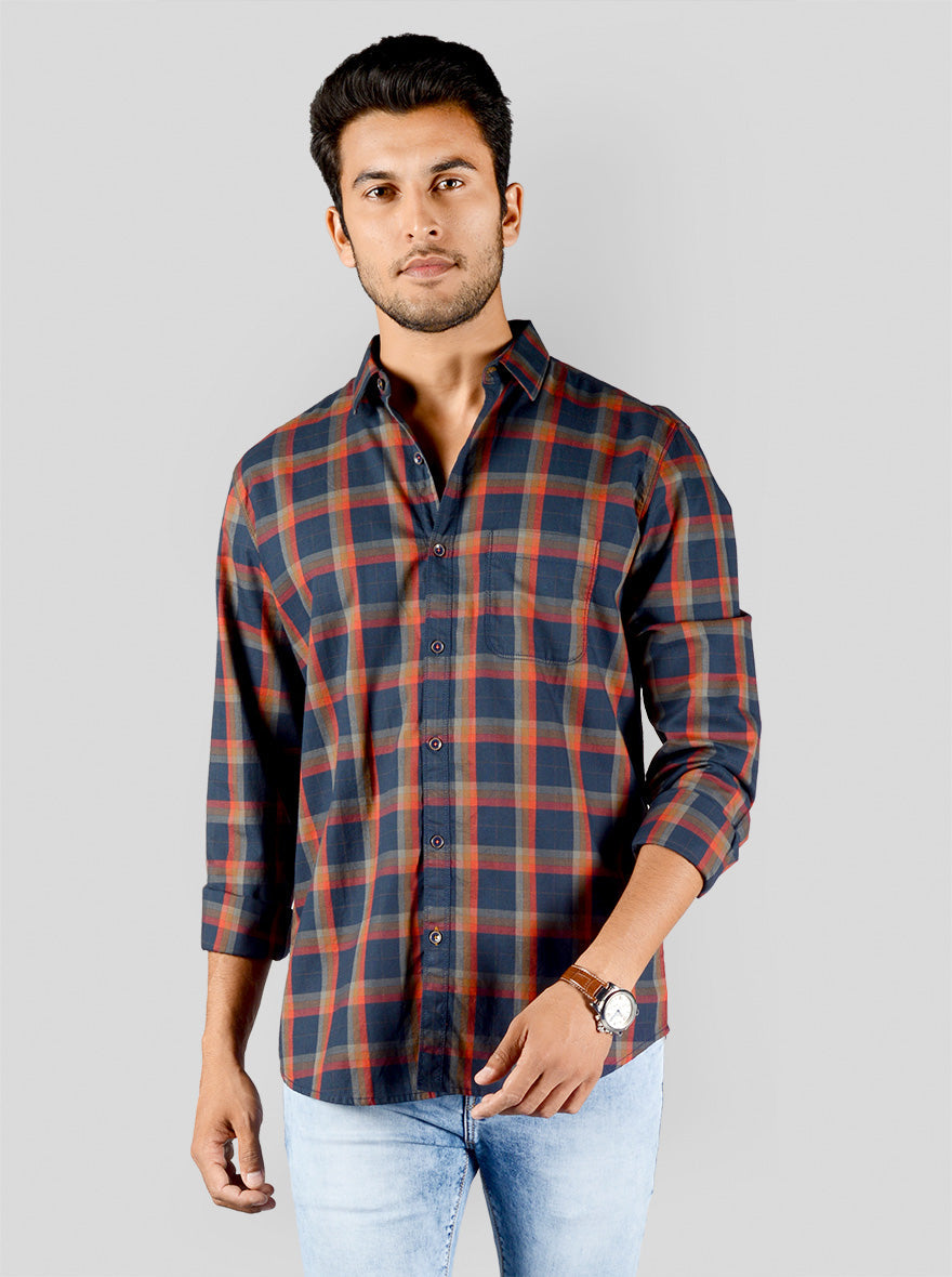 Navy Blue & Orange Checked Slim Fit Casual Shirt | JB Sport