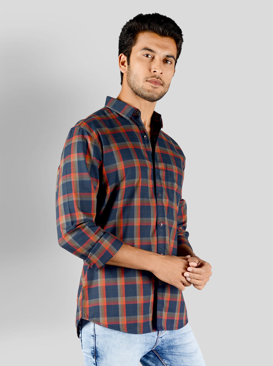 Navy Blue & Orange Checked Slim Fit Casual Shirt | JB Sport