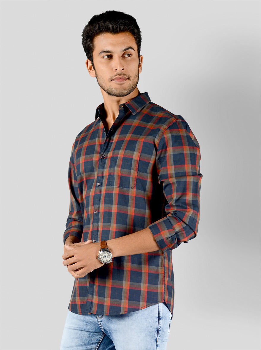 Navy Blue & Orange Checked Slim Fit Casual Shirt | JB Sport