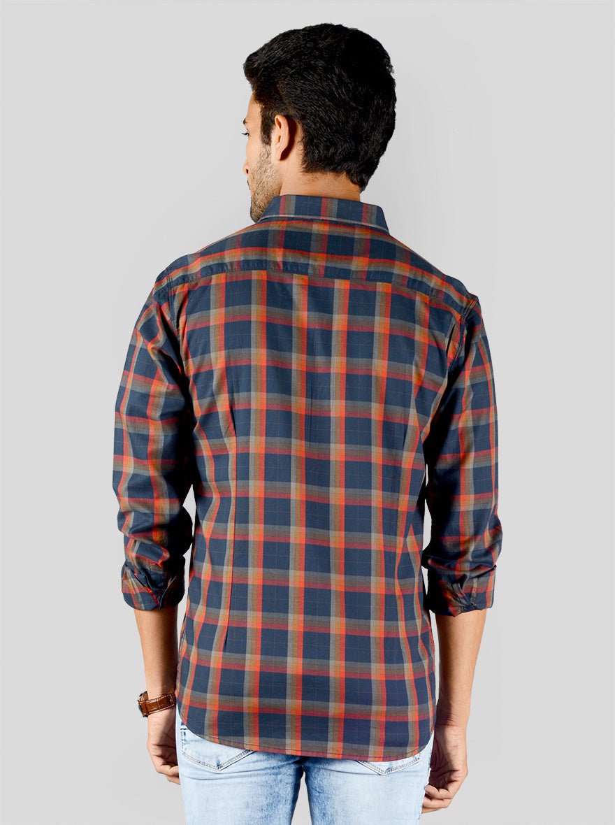 Navy Blue & Orange Checked Slim Fit Casual Shirt | JB Sport