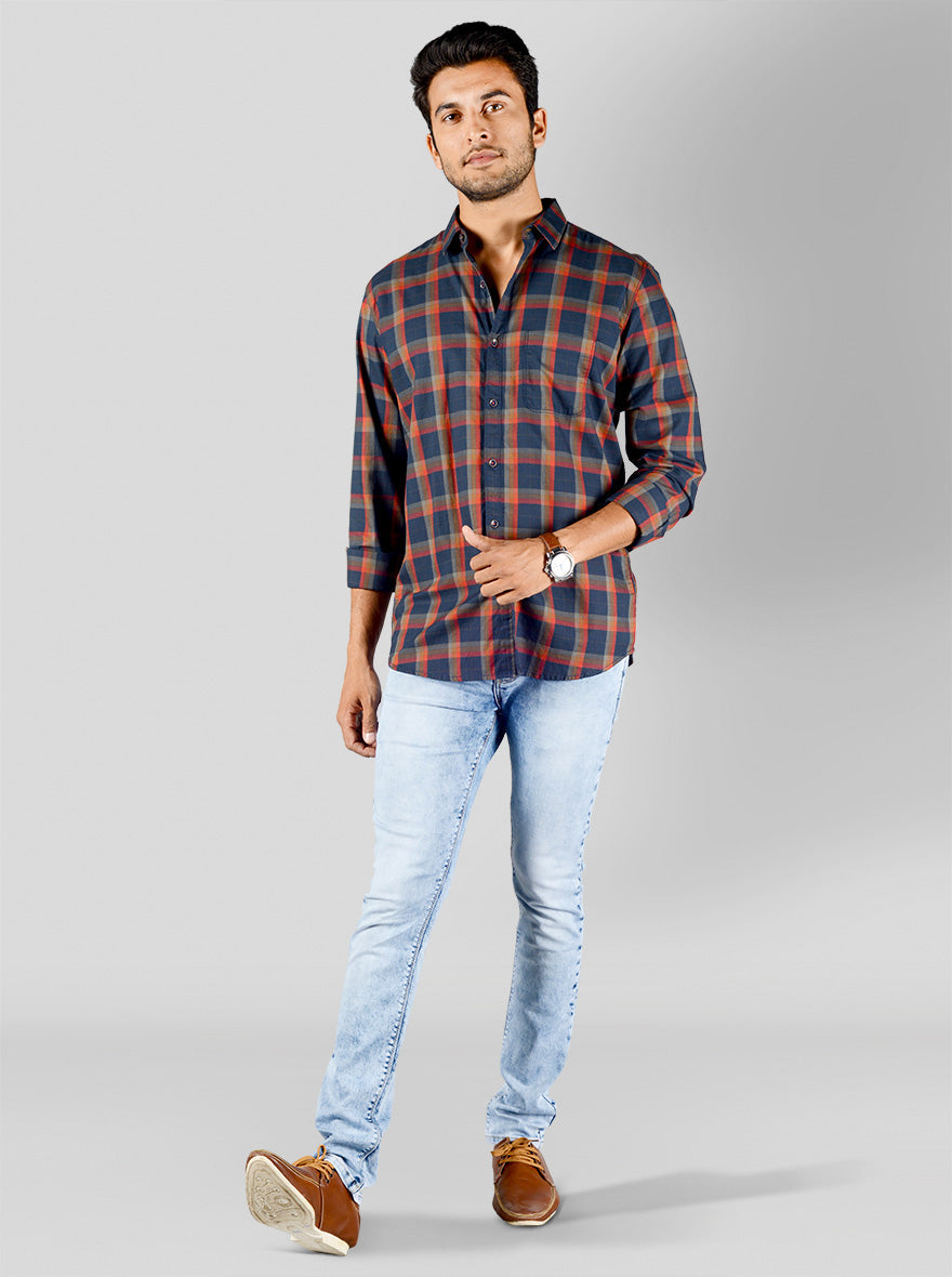 Navy Blue & Orange Checked Slim Fit Casual Shirt | JB Sport