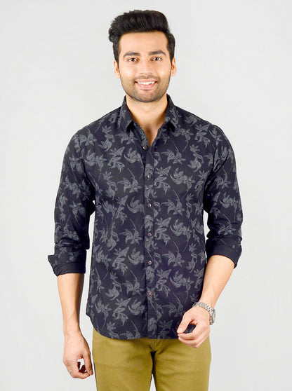 Black Printed Slim Fit Casual Shirt | Greenfibre