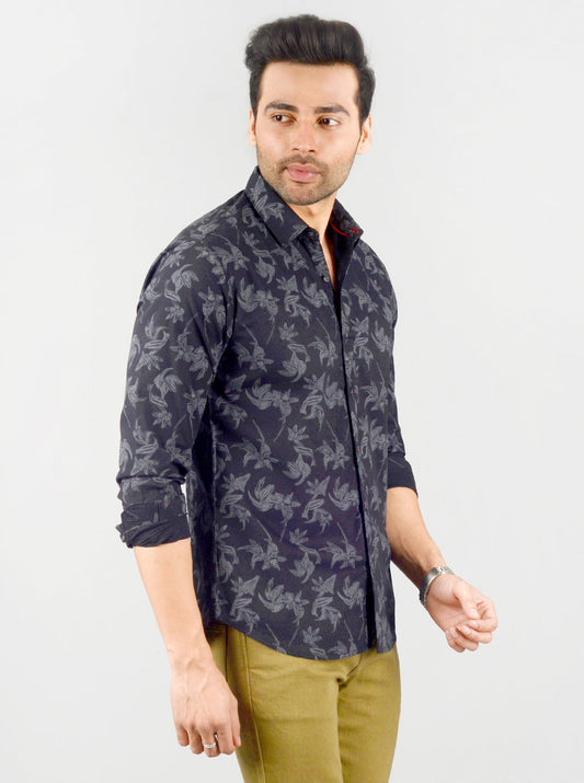 Black Printed Slim Fit Casual Shirt | Greenfibre