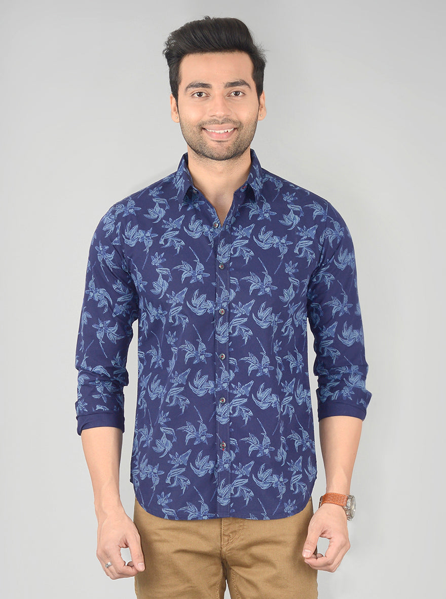 Peacoat Blue Printed Slim Fit Casual Shirt | Greenfibre