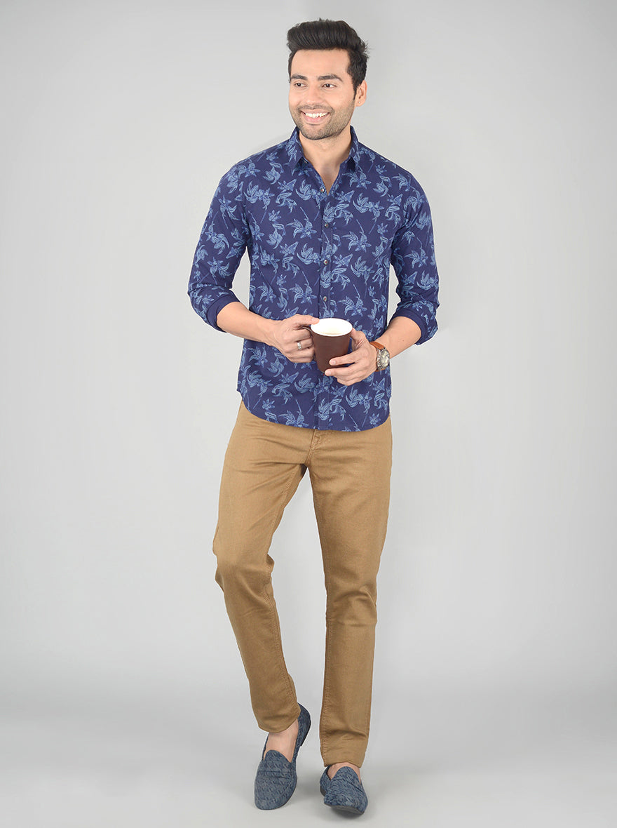 Peacoat Blue Printed Slim Fit Casual Shirt | Greenfibre