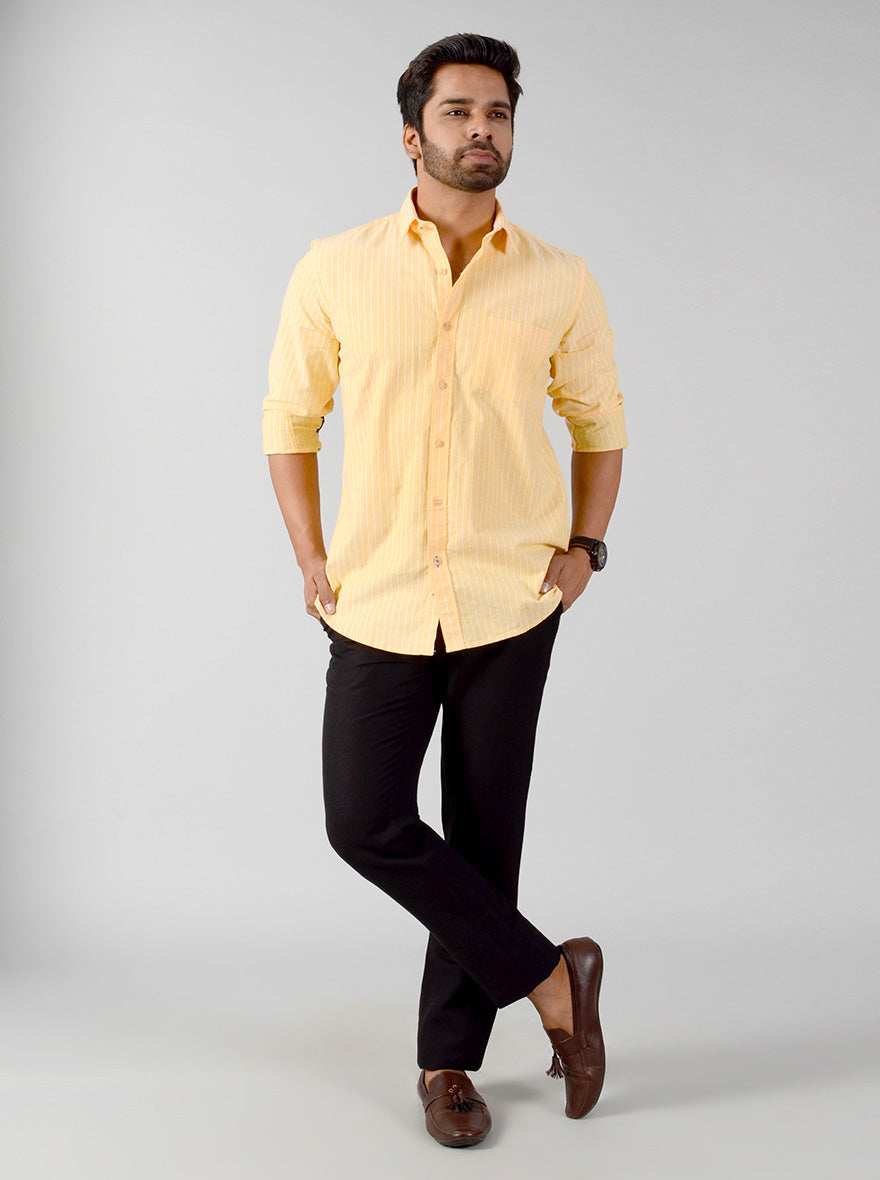 Corn Yellow Striped Slim Fit Casual Shirt | JB Sport