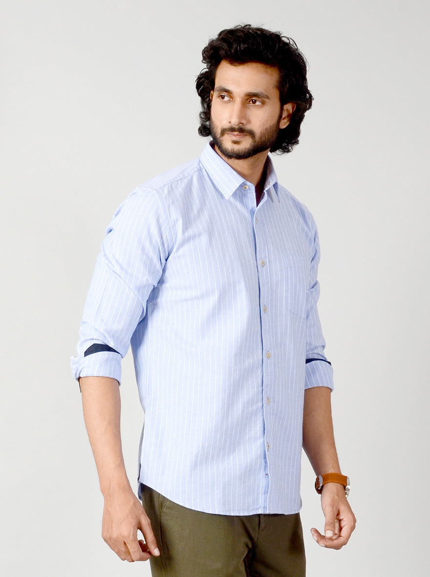 Azure Blue Striped Slim Fit Casual Shirt | JB Sport