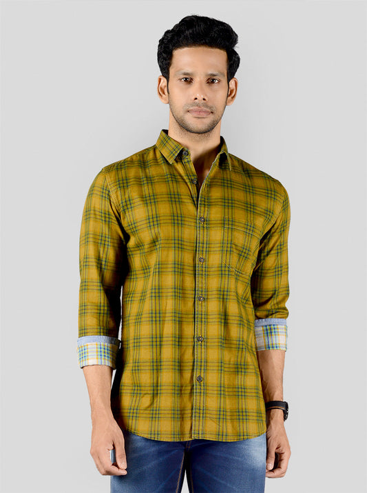 Ochre Yellow & Green Checked Slim Fit Casual Shirt | JB Sport