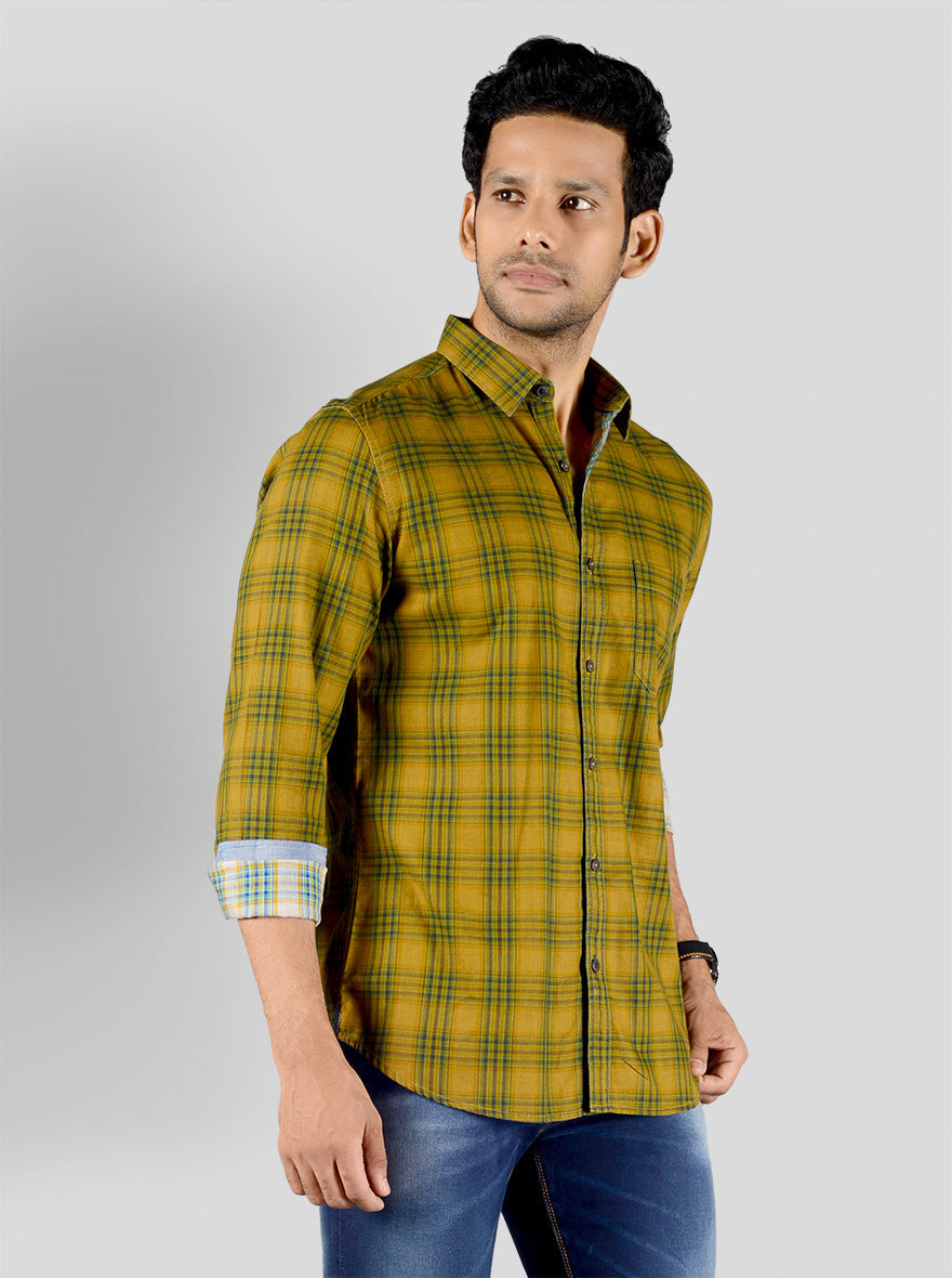 Ochre Yellow & Green Checked Slim Fit Casual Shirt | JB Sport