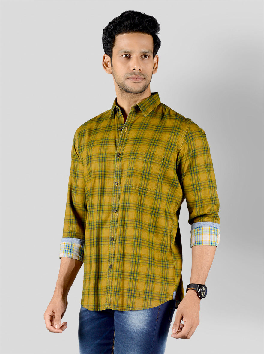 Ochre Yellow & Green Checked Slim Fit Casual Shirt | JB Sport