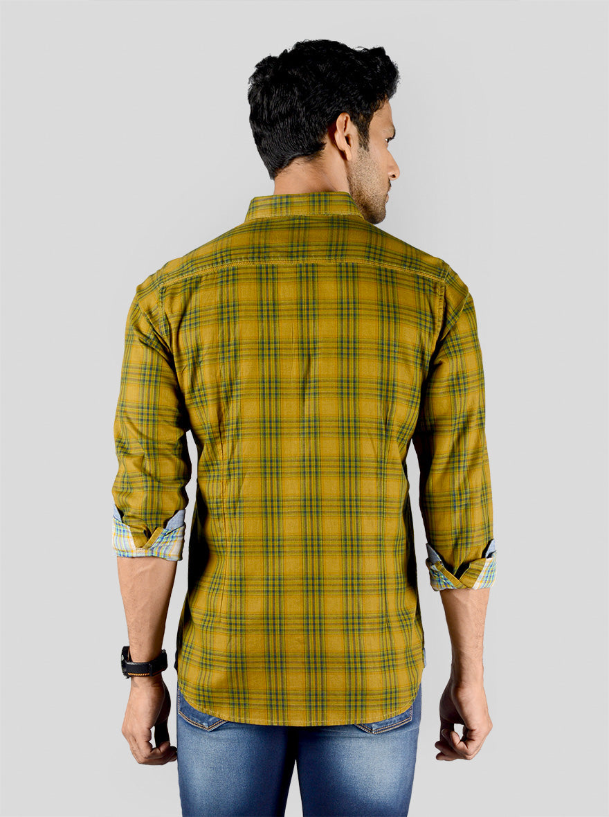 Ochre Yellow & Green Checked Slim Fit Casual Shirt | JB Sport