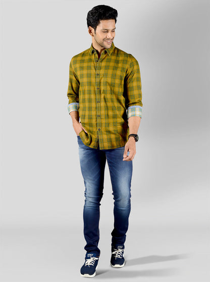 Ochre Yellow & Green Checked Slim Fit Casual Shirt | JB Sport