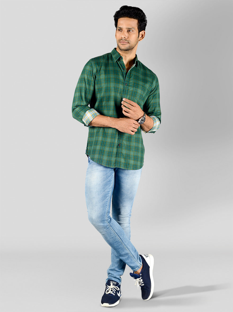 Posy Green & Blue Checked Slim Fit Casual Shirt | JB Sport