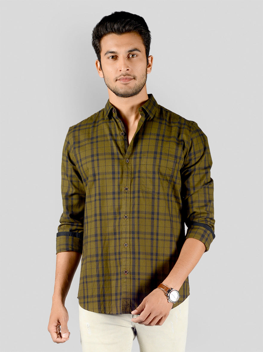 Dark Olive Green Checked Slim Fit Casual Shirt | JB Sport