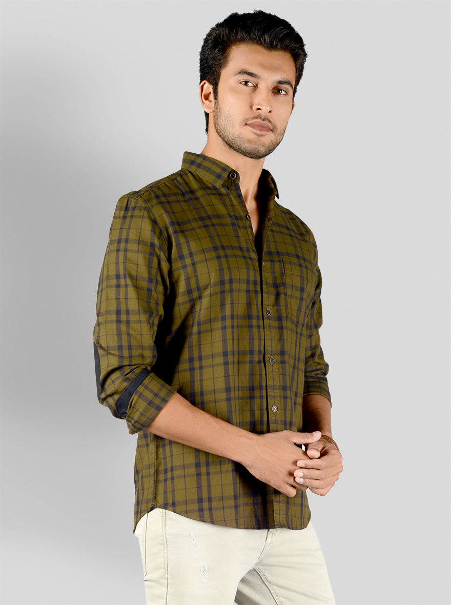 Dark Olive Green Checked Slim Fit Casual Shirt | JB Sport