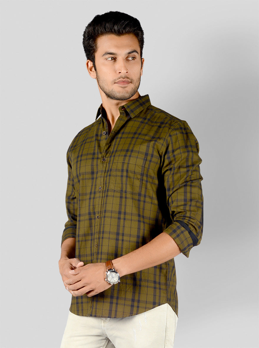 Dark Olive Green Checked Slim Fit Casual Shirt | JB Sport